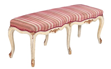 A FRENCH CREAM PAINTED AND PARCEL GILT STOOL IN LOUIS XV STYLE