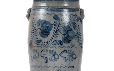 A Fine Six Gallon Free-hand Decorated Stoneware Churn