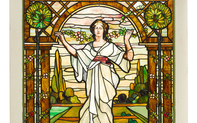 A Framed Painted, Stained and Leaded Glass Window Depicting a Woman in White