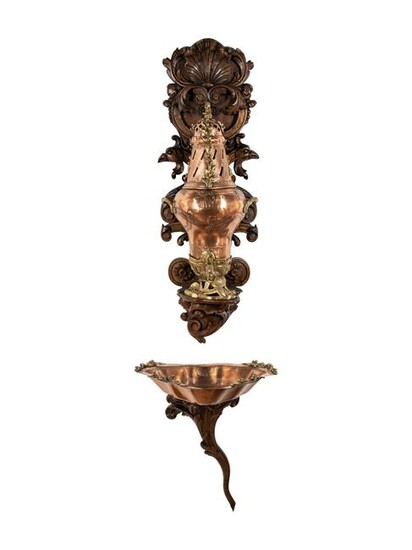 A French Copper and Brass Lavabo and Basin Set in a