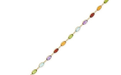 A GEMSET BRACELET in 18ct yellow gold, comprising a row of oval cut amethyst, peridot, blue topaz