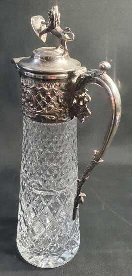 A GOOD SILVER PLATED AND CRYSTAL CLARET JUG
