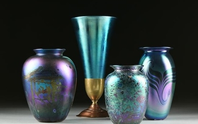 A GROUP OF FOUR BLUE IRIDESCENT ART GLASS VASES, 20TH