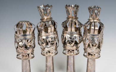 A GROUP OF FOUR STERLING SILVER TORAH FINIALS. Israel,...
