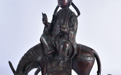A LARGE 19TH CENTURY CHINESE CHAMPLEVE ENAMEL BRONZE FIGURE Qing, modelled as an immortal upon a hor