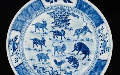 A LARGE BLUE AND WHITE 'ZODIAC' CHARGER, KANGXI MARK, LATE QING TO REPUBLIC