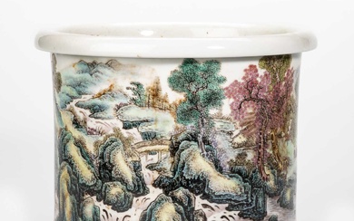 A LARGE CHINESE FAMILLE ROSE 'LANDSCAPE' BRUSHPOT, BITONG, EARLY 20TH CENTURY