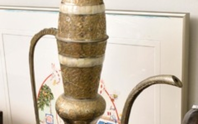 A LARGE MIDDLE EASTERN JUG WITH ETCHING AND MOTHER OF PEARL INLAY