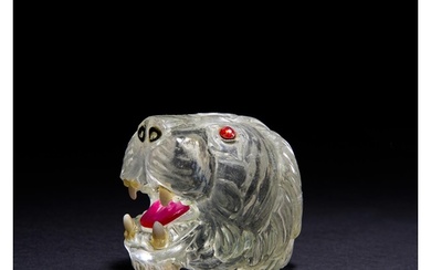 A LARGE MUGHAL GEM SET ROCK CRYSTAL CARVING OF A TIGHER HEAD...