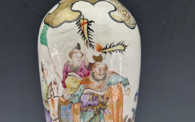 A LATE 18th C. CHINESE VASE PAINTED WITH GUANDI AND OTHER FIGURES IN A LANDSCAPE AND BETWEEN BLACK
