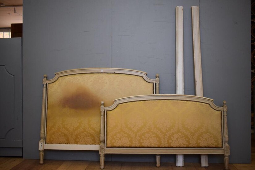 A LATE 19TH CENTURY FRENCH LOUIS XVI UPHOLSTERED & PAINTED BED (A/F) (BEDHEAD 120H x 147W CM) (LEONARD JOEL DELIVERY SIZE: LARGE)
