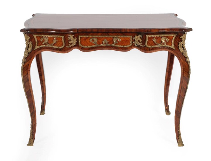 A Louis XV Style Rosewood and Tulipwood Banded Bureau Plat, late 19th century, the quarter-veneered