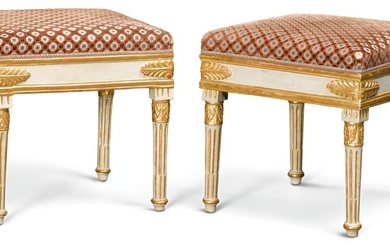 A MATCHED PAIR OF WHITE PAINTED PARCEL-GILT STOOLS, ONE LATE 18TH/EARLY 19TH CENTURY, THE OTHER 20TH CENTURY