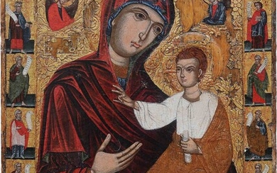 A MONUMENTAL ICON SHOWING THE HODIGITRIA MOTHER OF GOD FLANKED...