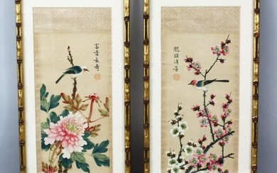 A PAIR OF 20TH CENTURY CHINESE WATERCOLOUR ON FABRIC