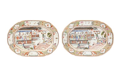 A PAIR OF CHINESE EXPORT FAMILLE-ROSE 'FIGURATIVE' DISHES 清雍正 外銷粉彩人物故事圖紋盤一對