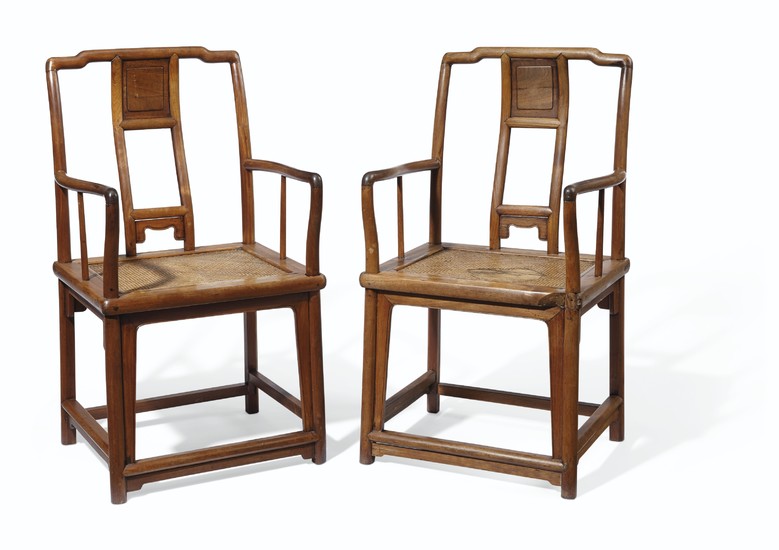 A PAIR OF CHINESE HUANGHUALI 'SOUTHERN OFFICIAL'S HAT' ARMCHAIRS, NANGUANMAOYI, QING DYNASTY, 18TH-19TH CENTURY