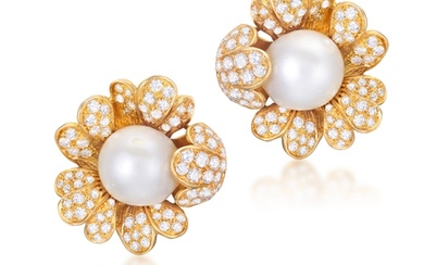 A PAIR OF CULTURED PEARL AND DIAMOND EARCLIPS Each flowerhe...