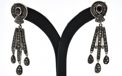A PAIR OF EASTERN STYLE RUBY AND DIAMOND EARRINGS IN SILVER