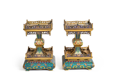A PAIR OF GILT-COPPER-MOUNTED CHAMPLEVE AND CLOISONNE ENAMEL LANTERN STANDS...