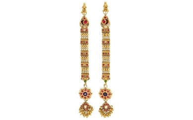 A PAIR OF GOLD SPINEL-ENCRUSTED CEREMONIAL EARRINGS (KARANPHUL JHUMKA) Rajasthan, North-Western India, early 20th century