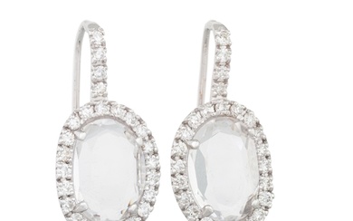 A PAIR OF ROCK CRYSTAL AND DIAMOND EARRINGS, the faceted qua...