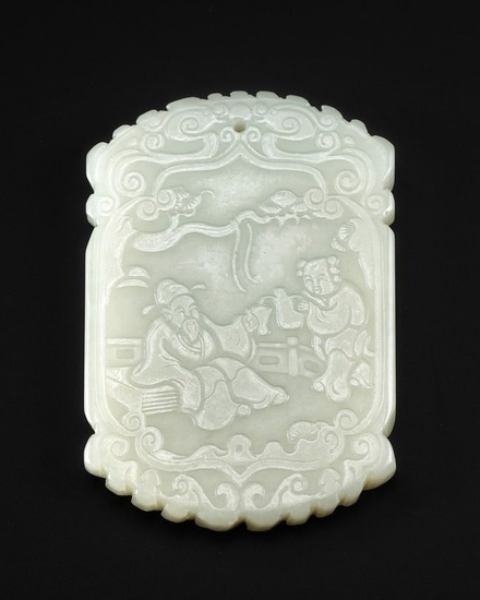 A PALE CELADON JADE PLAQUE 'SCHOLAR AND ATTENDANT', SIGNED ZIGANG, LATE QING DYNASTY TO REPUBLIC