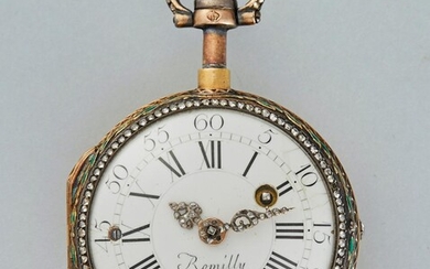 A PIERRE ROMILLY GOLD, ENAMEL AND GEM SET QUARTER REPEATING VERGE POCKET WATCH