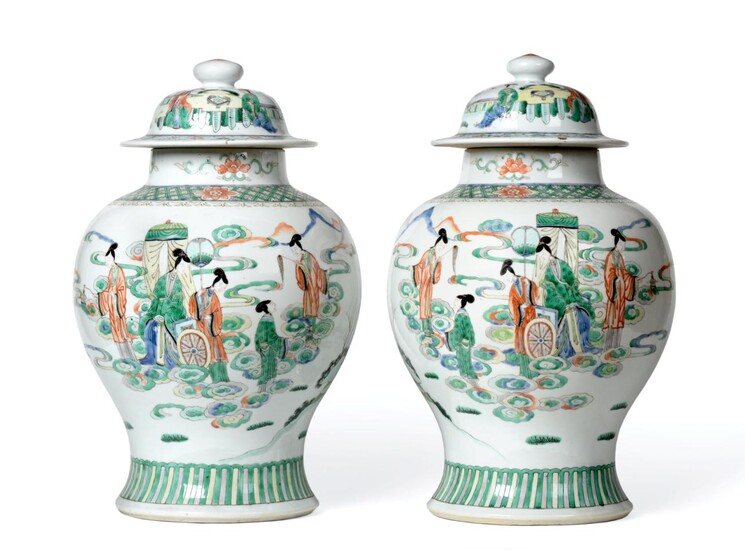 A Pair of Chinese Porcelain Jars and Covers, Kangxi reign mark but late 19th century, of...