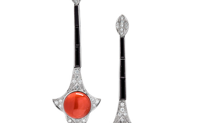 A Pair of Coral, Onyx, Diamond and Platinum Ear Pendants