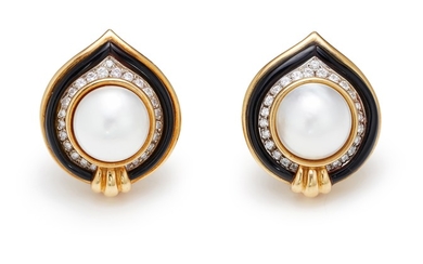 A Pair of Cultured Pearl, Diamond, Enamel and Gold Earrings