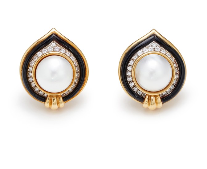 A Pair of Cultured Pearl, Diamond, Enamel and Gold Earrings