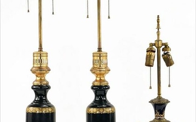 A Pair of Gilt Porcelain Two-Light Table Lamps.
