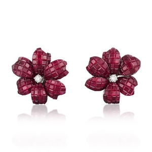 A Pair of Invisibly-Set Ruby and Diamond Flower