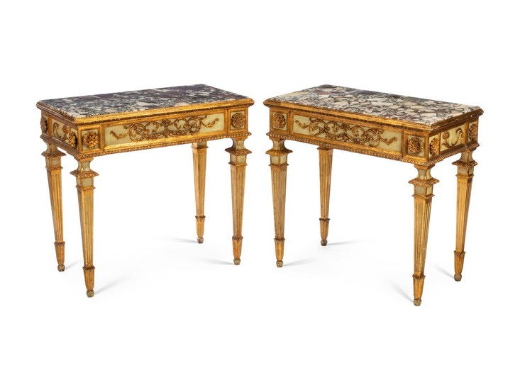A Pair of Italian Painted and Parcel Gilt Console Tables