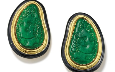 A Pair of Jade, Enamel and Gold Earrings