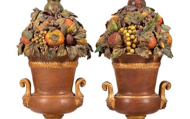 A Pair of Painted and Parcel Gilt Terra Cotta Flowering