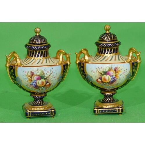 A Pair of RW Oval Bulbous Thin Necked Lidded 2 Handled Vases...