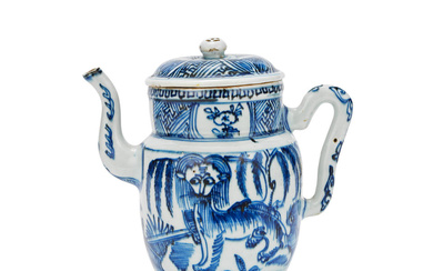 A RARE BLUE AND WHITE 'LION' TEAPOT AND COVER Wanli