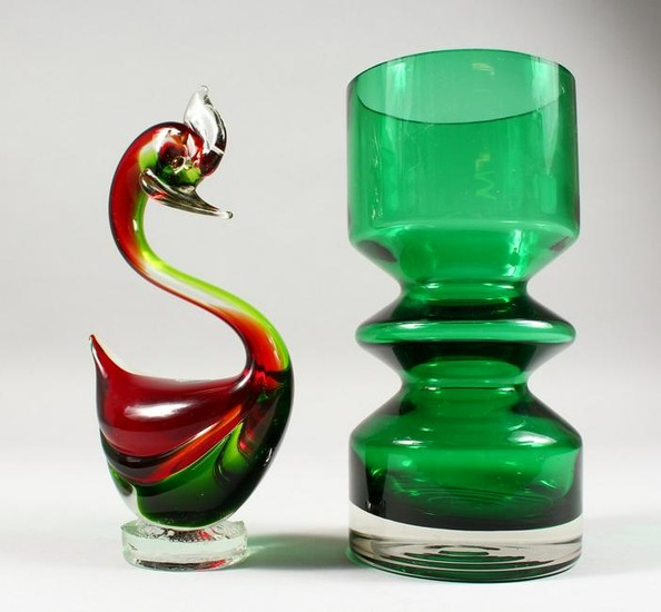 A RIIHIMAEN LASI GREEN GLASS VASE, 8ins high; together