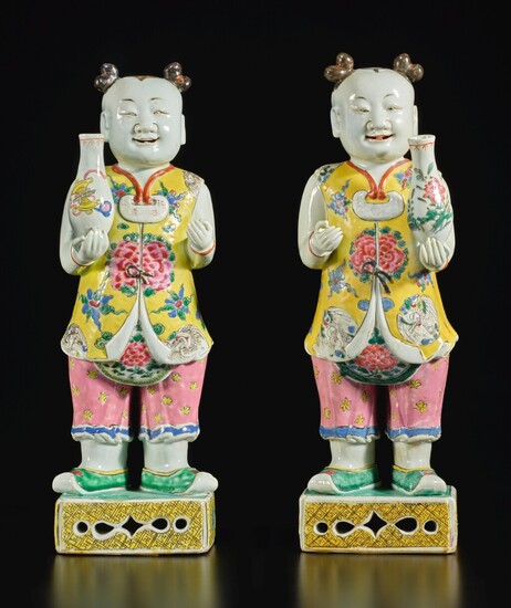 A Rare Pair of Chinese Famille-Rose Figures of Boys, Qing Dynasty, Qianlong Period | 清乾隆 粉彩童子擺件一對