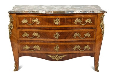 A Regence Style Gilt Bronze Mounted Crossbanded Marble-Top Commode