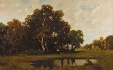 A. Reinhardt, Paysage avec paysanne vue estivale au-dessus d'un étang sur un groupe d'arbres avec...