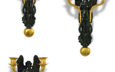 A SET OF FOUR EMPIRE ORMOLU AND PATINATED BRONZE TWO-LIGHT WALL-LIGHTS