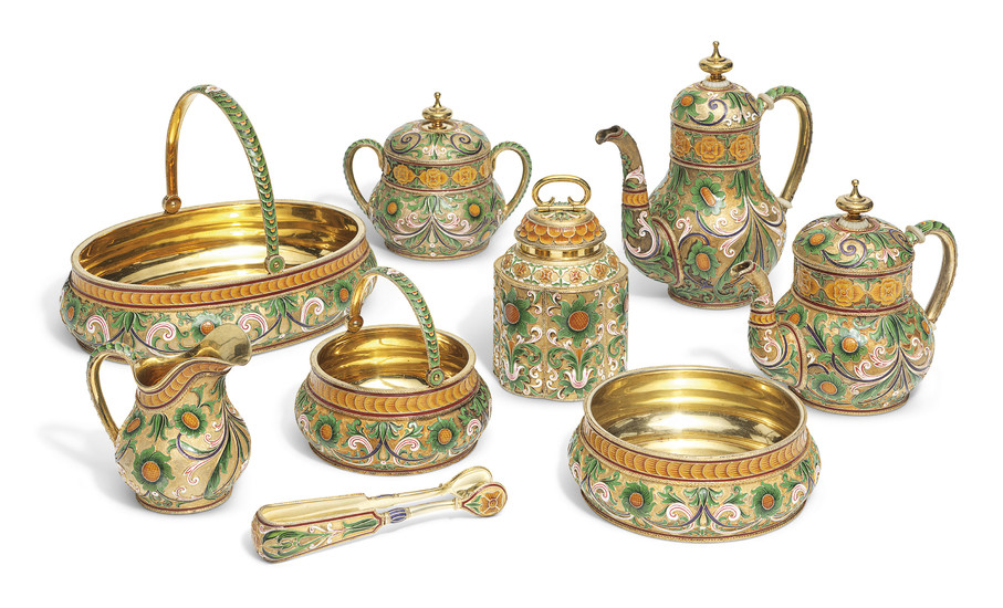 A SILVER-GILT AND CLOISONNÉ ENAMEL TEA AND COFFEE SERVICE, MARKED K. FABERGÉ WITH IMPERIAL WARRANT, MOSCOW, 1896