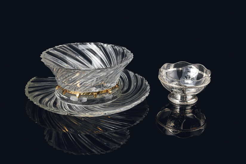 A SILVER LINED FRUIT BOWL AND A GLASS PUNCH BOWL