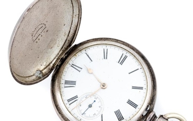 A STERLING SILVER FULL HUNTER POCKET WATCH; white dial with Roman numerals, subsidiary seconds, full plate movement signed A.M. Wat...