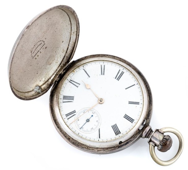 A STERLING SILVER FULL HUNTER POCKET WATCH; white dial with Roman numerals, subsidiary seconds, full plate movement signed A.M. Wat...