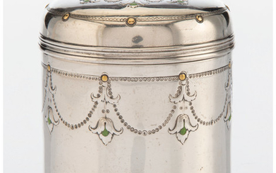 A Tiffany & Co. Aesthetic Movement Enameled Silver and Mixed Metal Vanity Jar (1885)