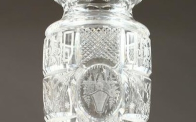 A VERY GOOD CUT GLASS AND ENGRAVED FLOWER VASE. 13ins